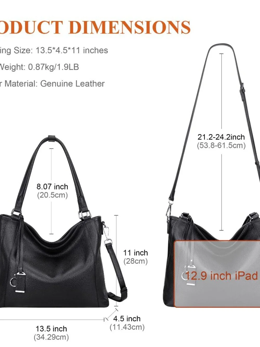 Genuine Leather Hobo Bag Large Shoulder Bag Detachable Strap